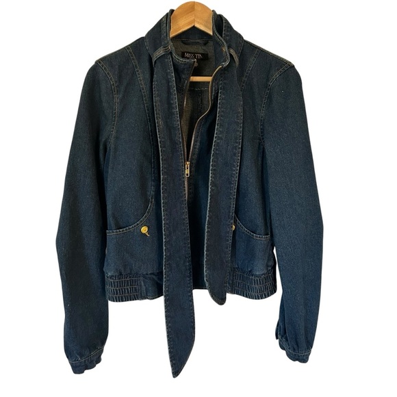 Miss Tina Tie Neck Zip Front Denim Jacket Size 8 - Picture 4 of 11